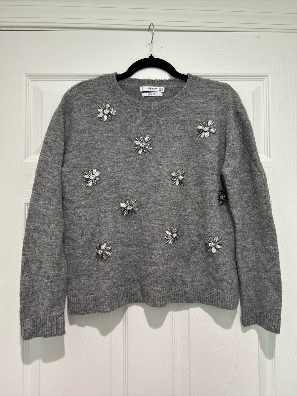 MANGO Embellished Gray Crewneck Wool-blend Sweater